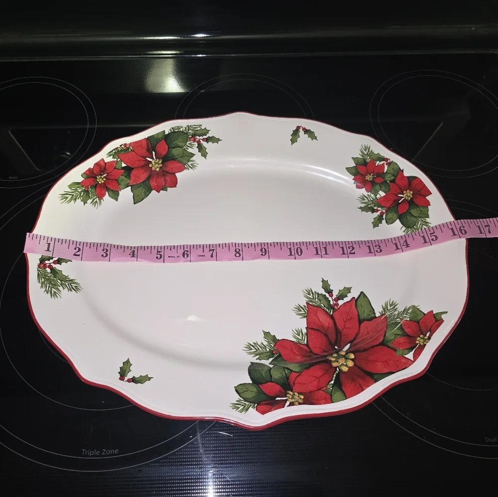 Better Homes and Gardens Creamware 15" Oval Serving Platter Poinsettia - Picture 3 of 13